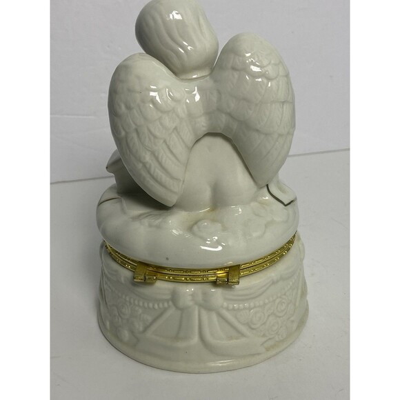 Porcelain Angel Trinket Box with Gold Trim Holding A Bird W Bird House Hinged - Picture 7 of 12